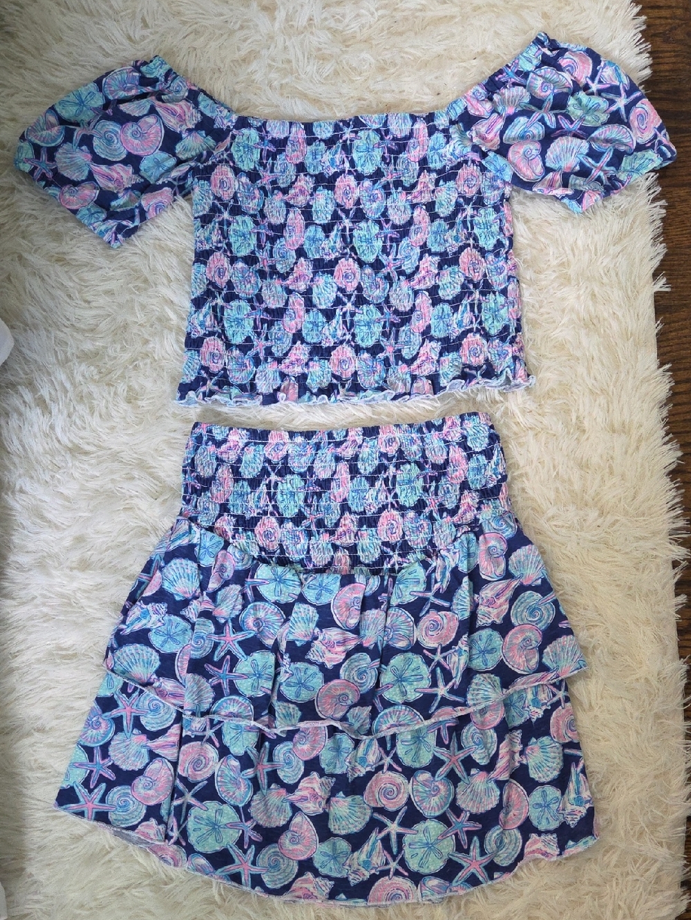 Simply Southern Navy Off-Shoulder Seashell Print Two-Piece Set
